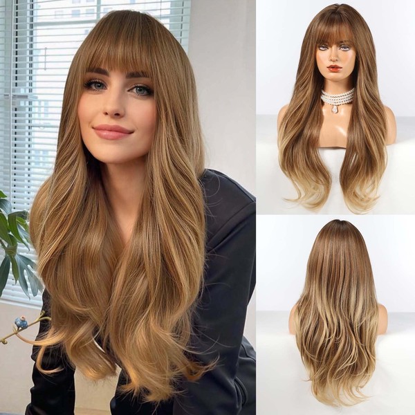 HAIRCUBE Long Ombre Brown Wig with Bangs Layered Curly Wigs