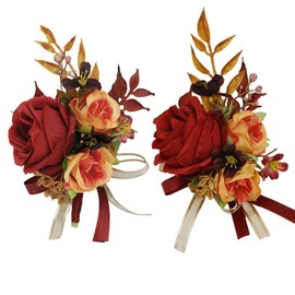 MAFELOE 2Pcs of Wrist Corsage and Boutonniere Set, Artificial Flowers Accessories Suit Decor for Wedding Prom Party Homecoming Ceremony Anniversary - Red+Orange