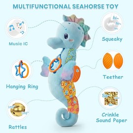 Juguetes para bebés de 0 a 6 meses, juguetes musicales de caballito de mar de peluche para bebés, juguetes sensoriales con colores brillantes, múltiples texturas, sonajeros y papel crujiente, juguete