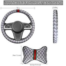 5PCS Steering Wheel Cover, with 2 Headrests, 2 Seat Belt Covers - Universal Fit for 14.5-15" Steering Wheel, Enhances Driving Experience - Perfect for Women (Gray)