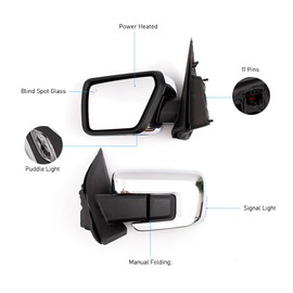 For Ford F150 2021-2024 Door Mirror Assembly with Chrome Back Cover Manual Folding with Turn Signal Light Puddle Light Power Heated and Blind Spot Glass 11 Pins LH Driver Side