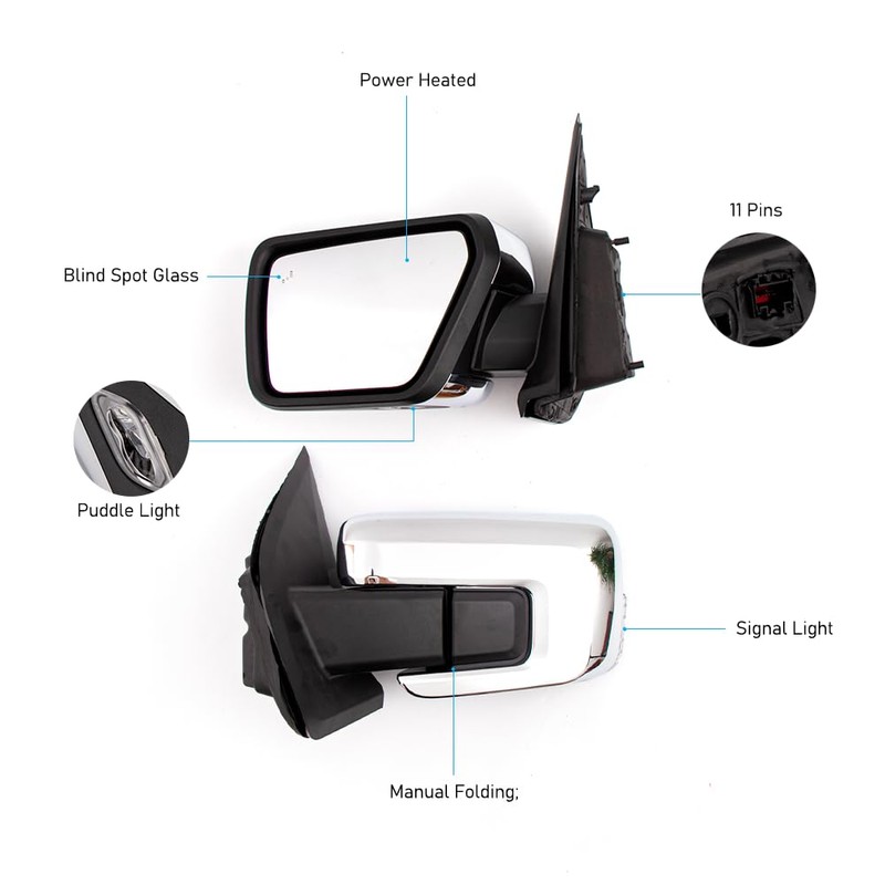 For Ford F150 2021-2024 Door Mirror Assembly with Chrome Back