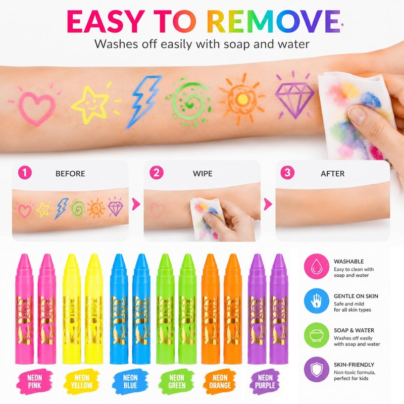12 Pack UV Neon Face & Body Paint Sticks, Vibrant