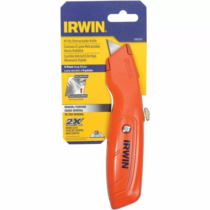 IRWIN UTILITY KNIVE RETRACTABLE HIGH-VIS ORANGE BOX CUTTER W/3 BLADES
