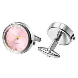 Silverora Watches Men's Cufflinks Pocket Watch: Round Analogue Quartz Cuff Link Watch with Roman Numeral Scale Shirt Buttons Shirt Cuffs Gifts for Men Wedding Business, Silver pink