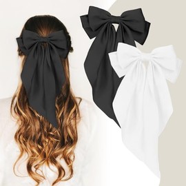 Elegant Large Bow Hair Clips,2PCS Stylish Black and White Satin Ribbon Bows with Long Tails for Women,Bowknot Hair Clip Barrettes,Accessories for Birthday,Wedding,Holidays,Ribbons for Girls and Women
