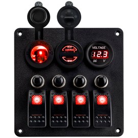 Young Marine Waterproof Marine Boat Rocker Switch Aluminum Panel 4 Gang with USB Slot Socket QC 3.0 and Type C QC 4.0 + Volt Meter Blue LED Light for Car Rv Vehicles Truck (Red)