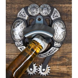 Rustic Western Cowboy Boot Spur With Silver Longhorn Conchos Wall Bottle Opener