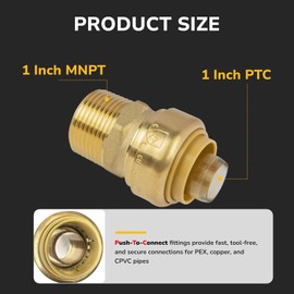 KAINGA 1" PTC to 1" NPT Male Adapter Push-Fit, Push to Connect Brass Plumbing Fitting for Copper, CPVC, PEX Pipes, With Upgraded Stiffener, Disconnect Clip Included, NSF & UPC Certified