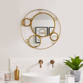 Uniquewise Decorative 19.75-inch Round Frame Mirror - Gold Metal Wall Mounted Mirror with 4 Glass Mirror Balls for a Modern Twist, Elevate Your Living Room, Bedroom, Vanity, Entryway or Hallway Decor