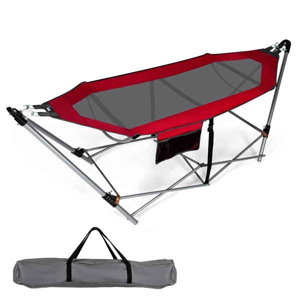 GLOBALWAY Portable Folding Hammock w/Side Pocket, Lounge Camping Bed w/Metal