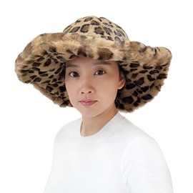 Lina & Lily Oversized Women's Winter Bucket Hat Faux Fur Wide Floppy Brim (Leopard Brown 1)