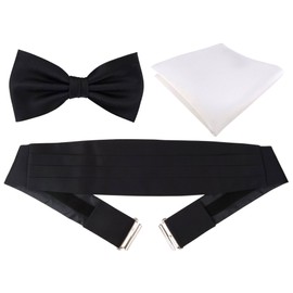 TigerTie Cummerbund Pocket Square Satin Bow Tie Plain Sash Waistband, black white