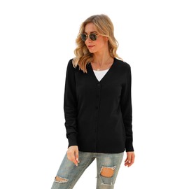 VIISHOW Women's Classical V Neck Long Sleeve Button Slim Outerwear Open Front Cardigan Soft Knit Sweater(Black, Large)