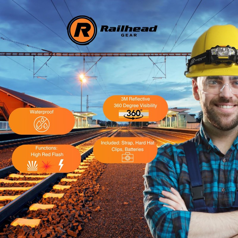 Railhead Gear LED Lightweight Headlamp, Battery Powered Industrial 200 Lumen