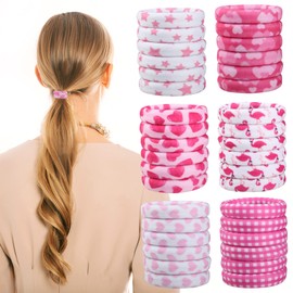 Hair Ties for Girls, 36 Pcs Soft Thick Seamless Nylon Elastic Hair Ties No Damage Pony Tails Holders for Thin Fine Hair Cute Fabric Hair Ties for Women - 6 Colors with Prints (Romantic Red)
