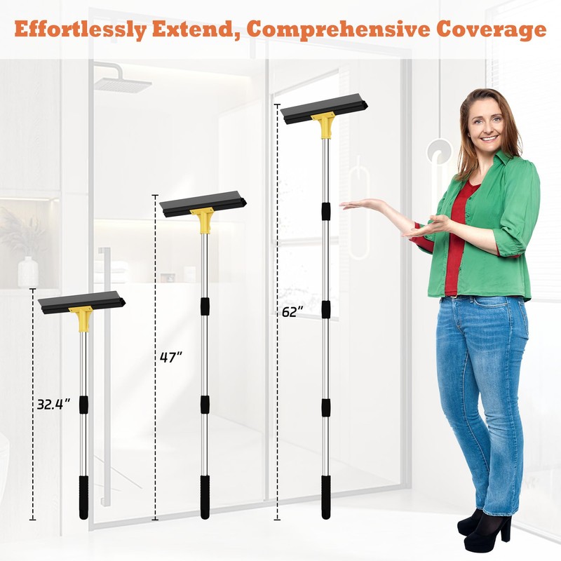 Large Heavy-Duty Floor Squeegee, 18” Rubber Blade Broom & 62”