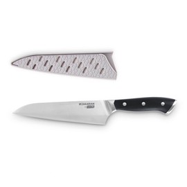 DASH Zakarian 7" Chef Knife, High Carbon German Stainless Steel Kitchen Knife with Sheath, Black
