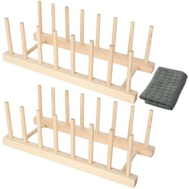 2 Stück Holz Tellerständer & Topfdeckelhalter, Abtropfgestell für Küche mit 7 Fächern, multifunktionaler Organizer für Teller, Tassen, Schneidebretter und Pfannendeckel