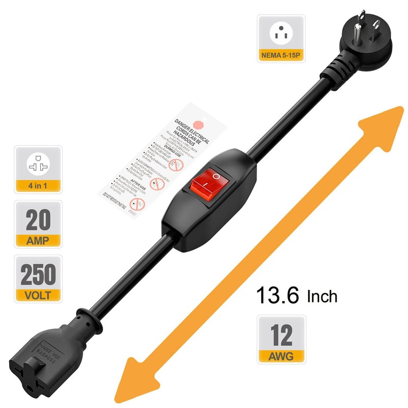 Angled Four-in-One Heavy Duty On/Off Switch Extension Cord 12-AWG 15A
