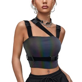 CYCLAMEN Women's Buckle Tank Tops Sleeveless Tube Crop Cami Tops Rave Gothic Punk Streetwear Shirt, Reflective Muticolor, M