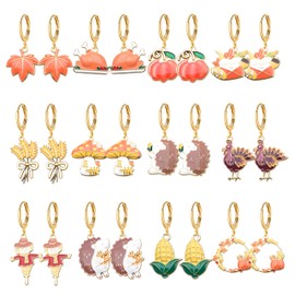 12 Pairs Thanksgiving Earrings Set for Women Fall Dangle Earrings with Maple Leaf Turkey Pumpkin Sunflower Designs Autumn Harvest Jewelry Gift for Thanksgiving Day (Ear hoop style)