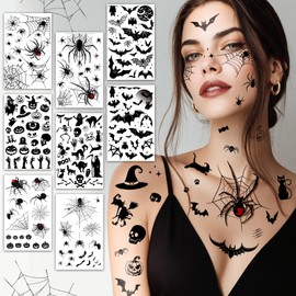 Halloween Tattoo Face, Face Tattoo, Carnival, 8 Sheets, Large Size, Spiders, Bat, Witch Face Stickers, Witch Costume, Women's Accessories, Vampire Skeleton Costume, Adult, Scary Accessories