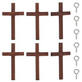 GOMAKERER 6 Pcs Wood Crafted Cross, 12x6.95x0.95cm Unfinished Wooden Cross Charm Pendants Hanging Cross Decoration Religion Cross Beads with Drill Studs for Party Easter Jewelry Making Home, Coffee