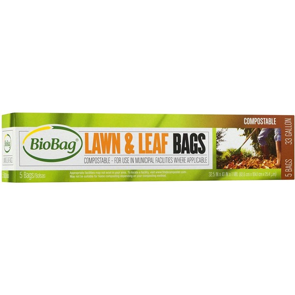 BioBag (USA) 100% Certified Compostable Lawn & Leaf Yard Waste Bags, 33 Gallon, 60 Count, Large Capacity and Weather Resistant