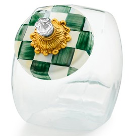 MACKENZIE-CHILDS Cookie Jar with Enamel Lid, Large Glass Treat Jar or Kitchen Jar, 1-Gallon Capacity, Green-and-White Emerald Check