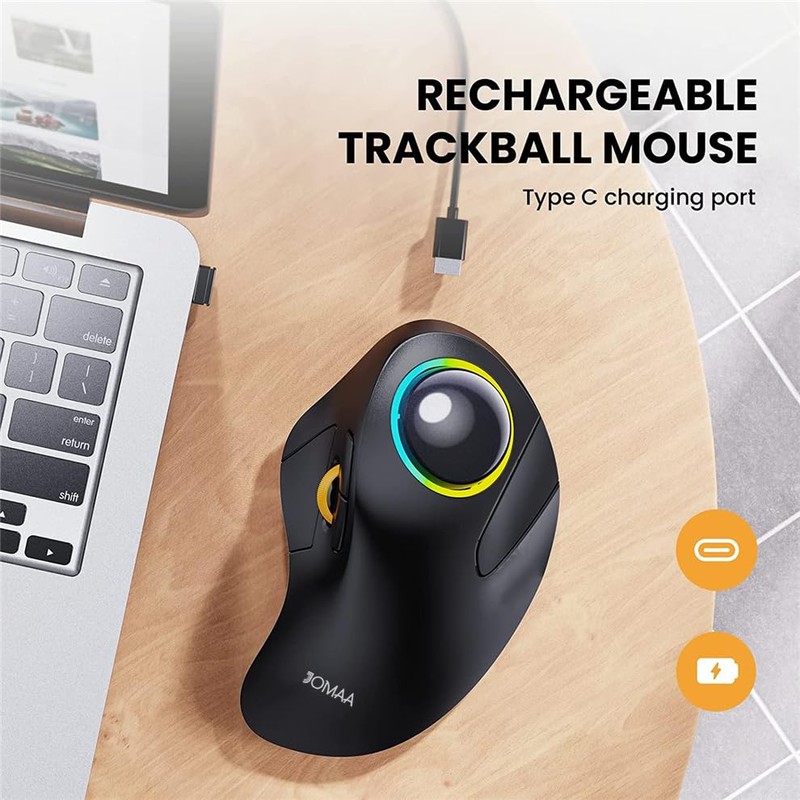 JOMAA Wireless Bluetooth Trackball Mouse with RGB Backlight,Finger Control, 3