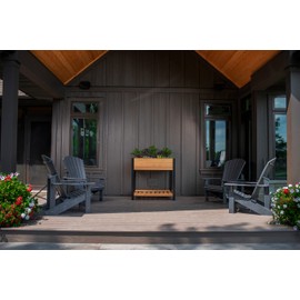 Vita Mezza 30 inch x 40 inch Cedar Wood Veg Farm with Storage Shelf, Golden Brown with Black Aluminum Posts, Pre-Stained, Woodgrain, FSC, VT17717