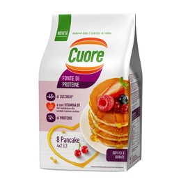 Cuore - Pancake fonte di proteine. Confezione da 8 pancake soffici e dorati. Con Olio Cuore e Vitamina B1. Ideali per Colazione e Merenda