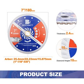BRSCHNITT Diamond Blade for Concrete Masonry,180mm with Arbor 25.4mm-22.23mm-16mm Dry/Wet Continuous Rim Diamond Cutting Disc for Granite Marble Stone Hard Concrete Reinforced Concrete