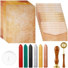 Juego de 33 piezas de papel vintage y sobres, incluye 12 cartas, 12 sobres, sellado, 6 palitos de cera, sellos, velas de té y cuchara de cera para sel