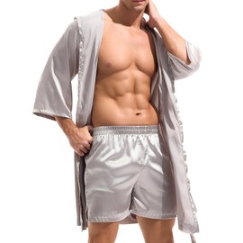 Amy Coulee Mens Satin Robe Set Lightweight Bathrobes with Shorts Silky Half Sleeve Pajamas Robes with Hooded (Gray, L)