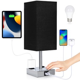Bedside Lamp with USB Ports - Touch Control Table Lamp for Bedroom with USB C+A Charging Ports & AC Outlets, 3 Way Dimmable Nightstand Light for Living Room (Bulb Included, Black)