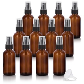 JUVITUS 2 oz / 60 ml Amber Glass Boston Round Bottle with Black Fine Mist Spray Atomizer (12 PACK) I Refillable Liquid Containers Includes Extra Phenolic Cap Closures for each bottle