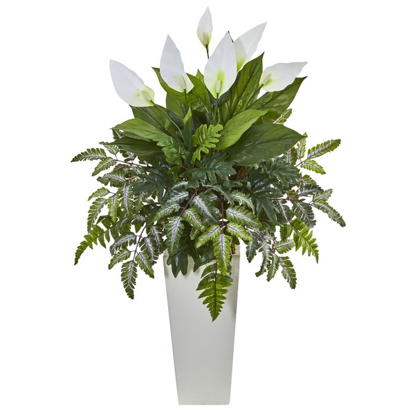 Nearly Natural 6403 Mixed Spathiphyllum Artificial Plant in White Tower Vase Mixed Spathiphyllum Plant in White Tower Vase, Green