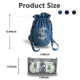 AseiTaku Denim Drawstring Backpack with Coin pouch, Large Money Dollar Sign Bucket Rucksack, Lightweight Sport Bags (Black)