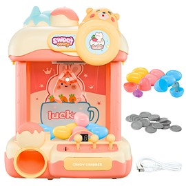 Cream Teddy Claw Machine 15" Candy Grabber, Plush Prize Treats Egg Figure Capsule Dispenser, Arcade Music Dual Power Kids Coin Slot Play, Princess Sweetie Champion Game, Girls Pink Cartoon Vending Toy