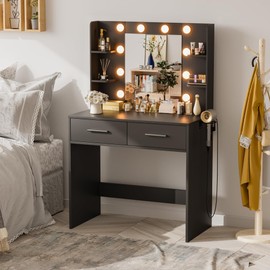 JUMMICO Makeup Vanity Desk with Mirror and Lights Power Outlet, Vanity Table Makeup Desk 2 Drawers, 6 Storage Shelves Hairdryer Holder & Bench Dressing Table for Bedroom (Black, No Bench)