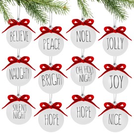 GUOER Christmas BallOrnaments - Set of 12 Shatterproof White Bulbs Adorned with Buffalo Plaid Bows - Rustic Farmhouse Christmas Tree Decorations for Xmas Tree Decor