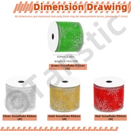 Tanstic 4Pcs Snowflake Glitter Wired Ribbon 2-1/2Inch Organza Glitter Ribbon Organza Wired Ribbon with Glitter Pattern and Metallic Edge for Gift Wrapping Tree Decoration(Green, Silver, Gold, Red)