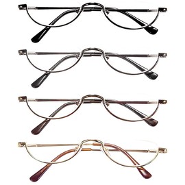 REAVEE 4 Pack Retro Designer Alloy Half Moon Reading Glasses Women Men Half Frame Spring Hinge Stylish Slim Reader with Pouch,Black,Grey,Gold and Silver,2.75