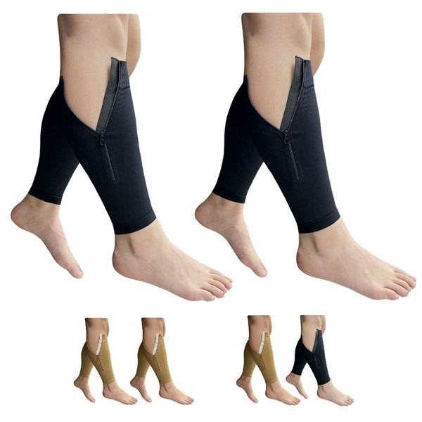 HealthyNees Shin Footless 20-30 mmHg Zipper Compression Leg Calf 2 Pairs Sleeve (Black Combo, S/M)
