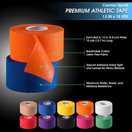 Cannon Sports Premium Athletic Tape - 1.5” x 45 Feet Per Roll - Easy Tear, No Sticky Residue, Very Strong, Hypoallergenic and Latex Free- Ideal for Sprains, Strains, First Aid – 1 Roll (Black)