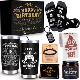 JTAMOHI 8 Pcs Happy 18th Birthday Gifts for Boys, 18 Year Old Boy Birthday Gifts Ideas with 20 Oz Tumbler, Funny Socks, Toilet Paper, Bracelet, Candles, Keychain for Son, Nephew, Grandson, Brother