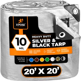 Heavy Duty Poly Tarp - 20' x 20' - 10 Mil Thick Waterproof, UV Blocking Protective Cover - Reversible Silver and Black - Laminated Coating - Grommets - by Xpose Safety