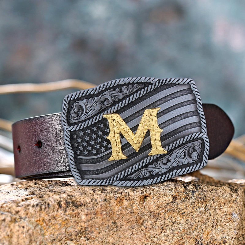Western Cowboy Initial Letters A-Z American Flag Belt Buckle for